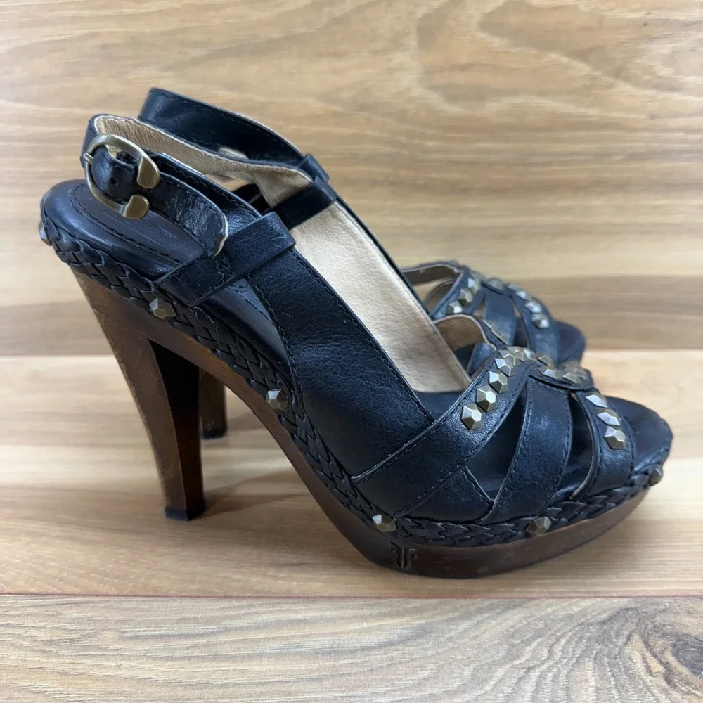 Frye Womens Heels 7.5 Dara Honeycomb Sling Black Leather Platform Studded